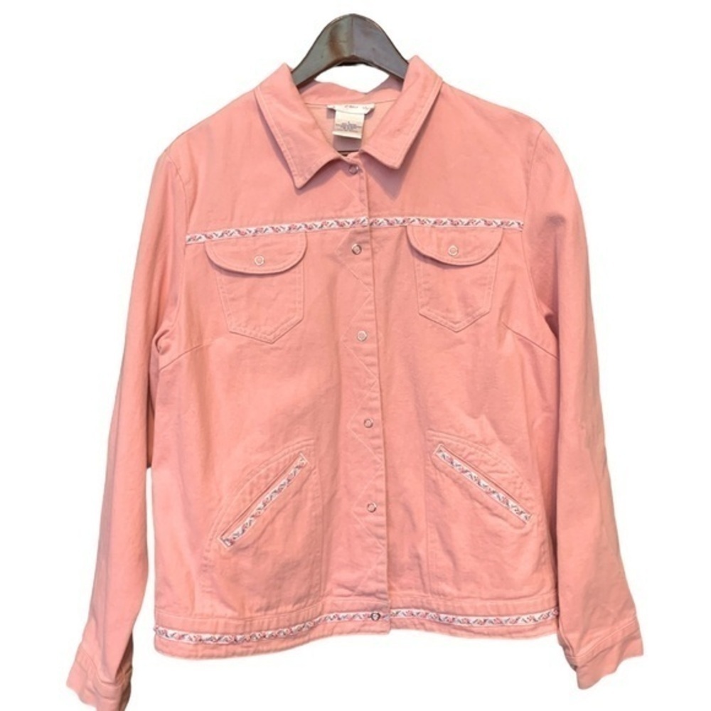Susan Graver Pink Embroidered Trucker Jacket Cotton Canvas Size Large Snap Front